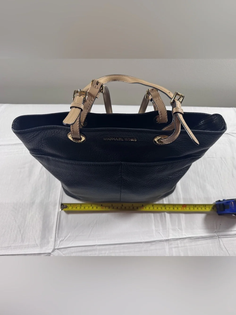 Michael Kors Bedford Black Pebbled Leather Tote with Tan Trim